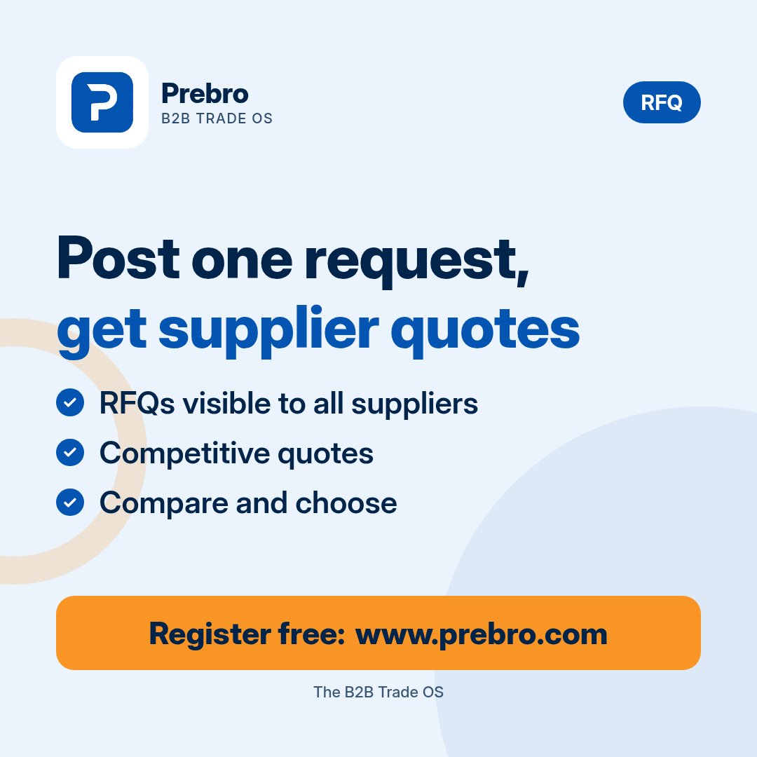 prebrocom's tweet photo. Looking for a supplier for a specific product?
Post an RFQ on Prebro, visible to all suppliers on the platform, and receive competitive quotes to compare.
Register free: https://t.co/lsUVTHugOr
#Prebro #RFQ #Sourcing #Import #B2B https://t.co/dAkEJJn05h