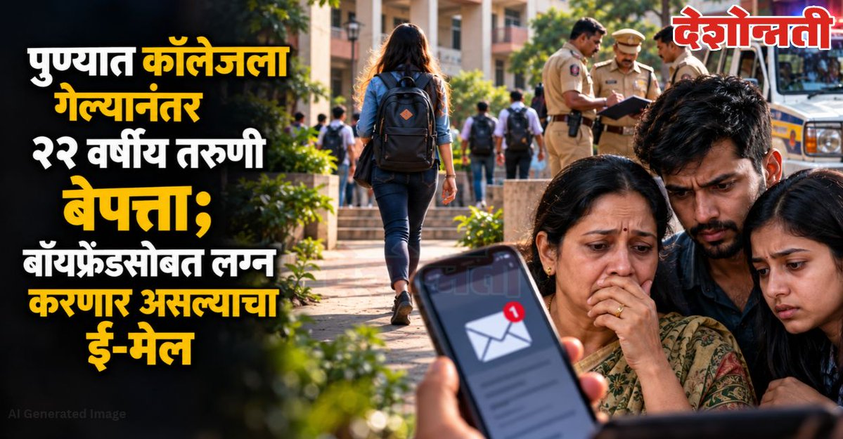 DESHONNATINEWS's tweet photo. पुण्यात कॉलेजला गेल्यानंतर २२ वर्षीय तरुणी बेपत्ता; बॉयफ्रेंडसोबत लग्न करणार असल्याचा ई-मेल
https://t.co/SAoSQyeAwl
#Pune #PuneNews #Fursungi #MissingGirl #PuneCrime #MaharashtraNews #Haveli #CrimeNews #MissingCase https://t.co/fMAD3Gx4ao