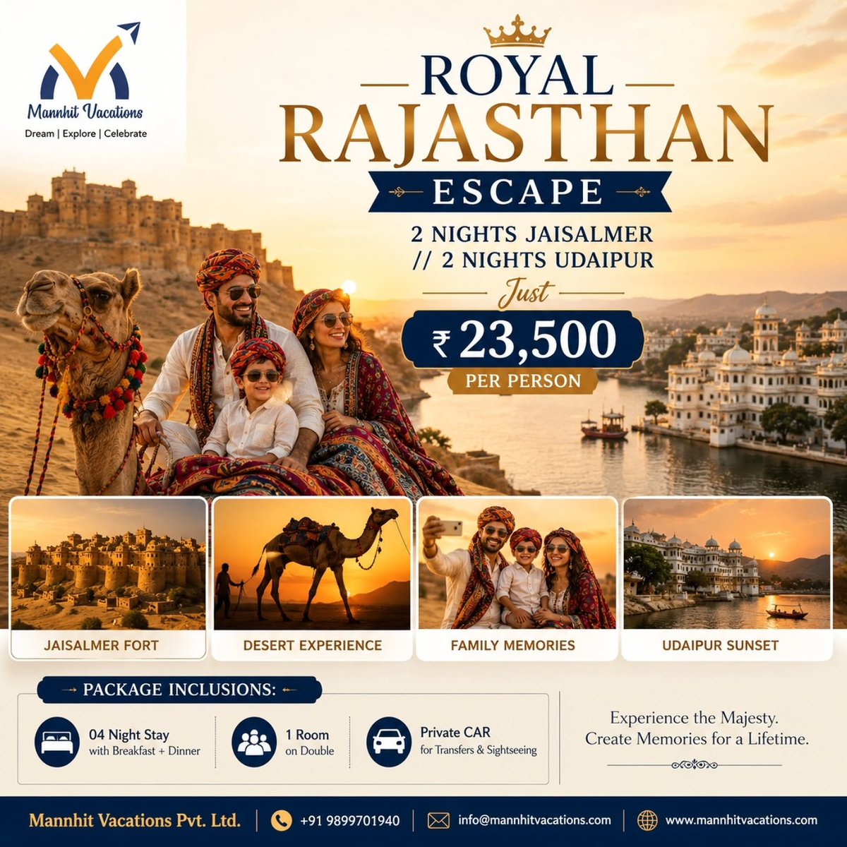 superhafizah's tweet photo. Experience Rajasthan’s royal charm, from Jaisalmer’s golden dunes to Udaipur’s timeless beauty. 2 nights Jaisalmer + 2 nights Udaipur
Starting at ₹23, 500 per person
Breakfast, dinner, stay, and private transfers included

Book now: 7484084074 https://t.co/G2YDGscf1O