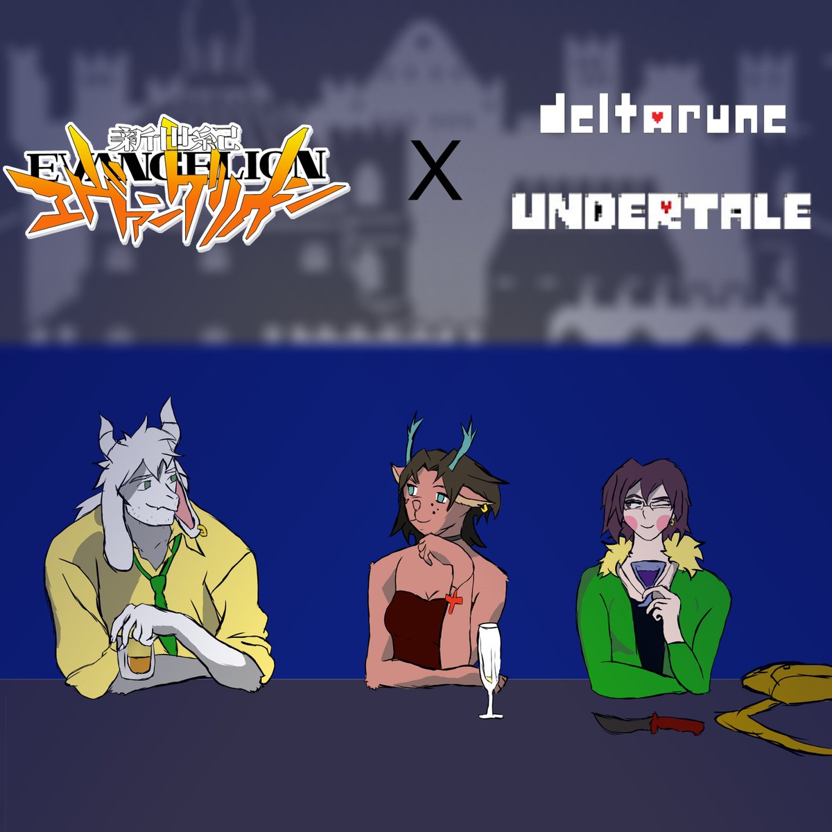 schmervert's tweet photo. I made another Evangelion x Deltarune piece, this time with Kaji, Misato and Ritsuko. Plus a quick dialogue box to expand the damn AU a bit https://t.co/VqzCqagn2L