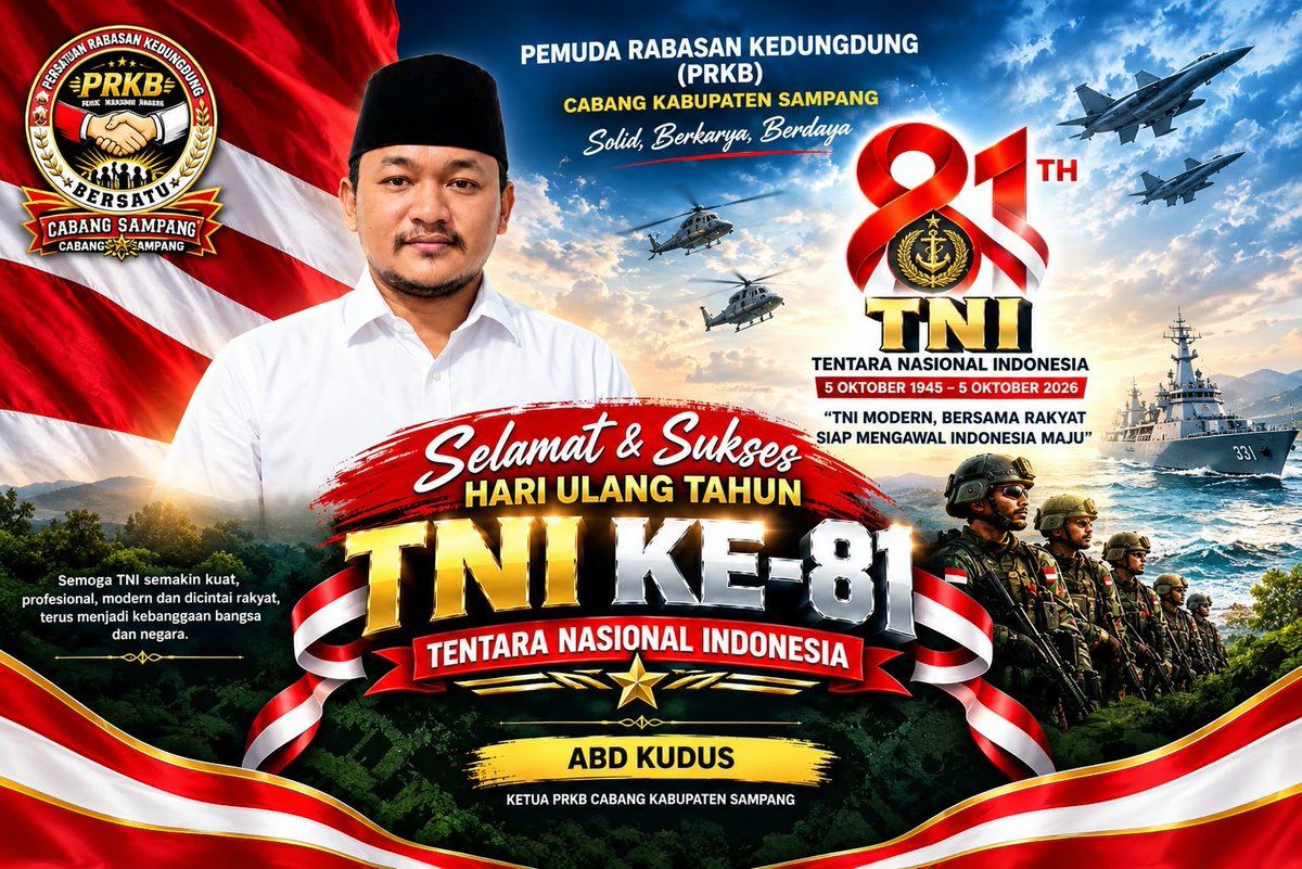 BangkitSurabaya's tweet photo. HUT TNI ke-81, Ketua PRKB Sampang Ajak Pemuda Perkuat Sinergi

Momentum Hari Ulang Tahun Tentara Nasional Indonesia (HUT TNI) ke-81 disambut penuh semangat oleh jajaran pemuda di Kabupaten Sampang.

Ketua Pemuda Rabasan Kedungdung Bersatu (PRKB) Kabupaten Sampang, Abd Kudus https://t.co/7eFE5fDaiz