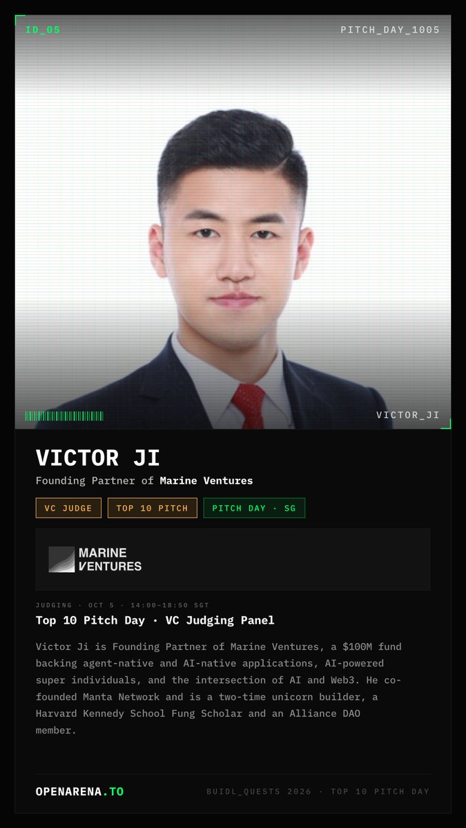 OpenArena_To's tweet photo. Meet @victorone111 — VC judge, Top 10 Pitch.

Founding Partner at @marine_vc. Closed door, invite only.

Oct 5 · 14:00–18:50 SGT

Open seats are Oct 6 ↓
https://t.co/iz2RgLByJh
https://t.co/HETB0CkPzm https://t.co/zWeY2EcyAV