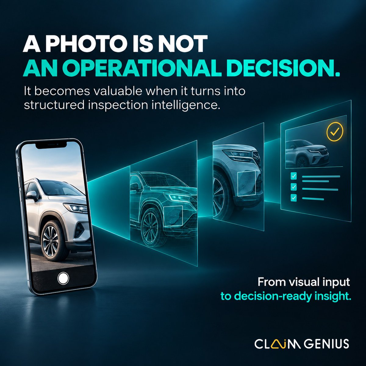 ClaimGenius's tweet photo. A photo is just the start. Claim Genius turns vehicle images into decision-ready insights—helping teams assess damage faster and act with confidence.

From visual input to operational intelligence.

#ClaimGenius #AIClaims #InsurTech https://t.co/oXqzl5jNT5