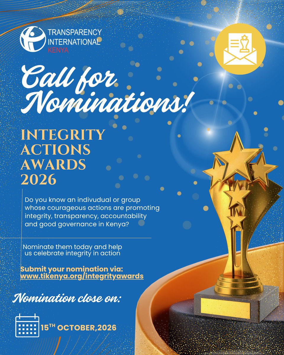 TIKenya's tweet photo. Call for Nominations | Integrity Actions Awards 2026
Do you know someone whose courageous actions are promoting integrity, transparency, accountability, and good governance in Kenya?

Now is the time to recognize and celebrate their impact. Nominate an integrity champion today and help shine a light on those making a difference.

📅 Nominations close: 15 October 2026
👉 Submit your nomination: https://t.co/3LQMtC2Lzu
Heroes of integrity deserve celebration. Who will you nominate?
#IntegrityActionsAwards2026 #IntegrityInAction
