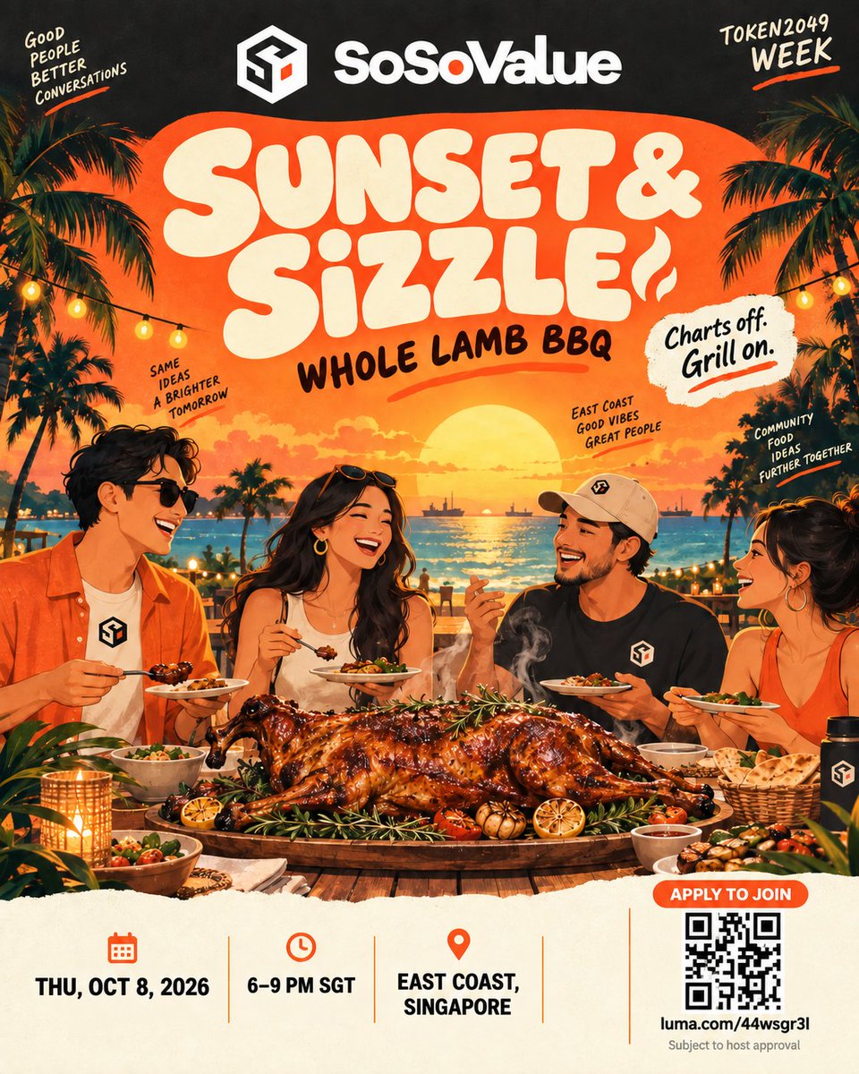 SoSoValueCrypto's tweet photo. Charts off. Grill on. 🍖🔥
In Singapore for #TOKEN2049? Join SoSoValue for whole roasted lamb, sea breezes &amp; good company.
📅 Oct 8 | 6–9 PM SGT
📍 East Coast, Singapore
Come hungry. Leave connected.
Apply: https://t.co/PK53orm0gg
Subject to host approval. https://t.co/r6IMdsw4hJ