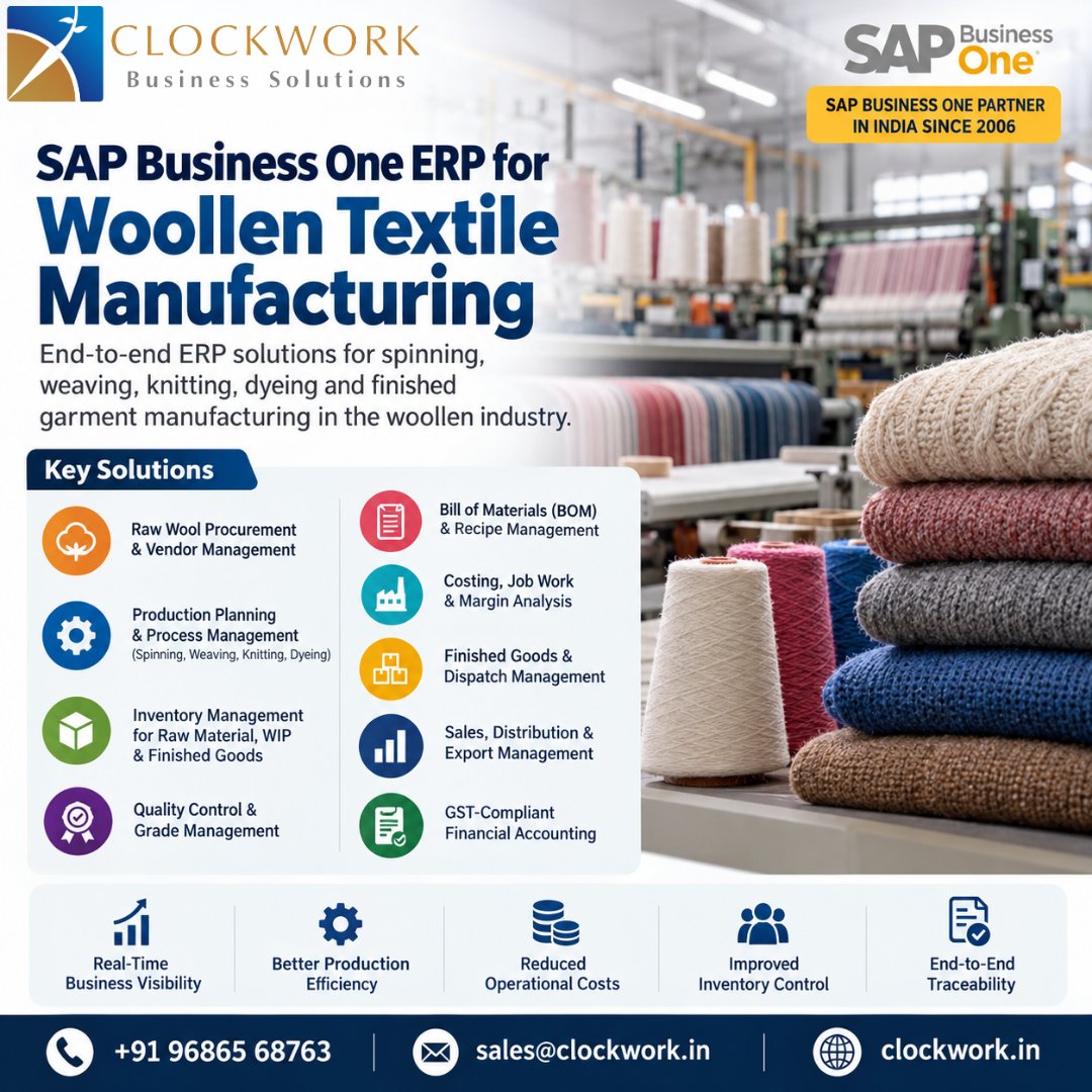 Clockwork2013's tweet photo. 🧶 SAP Business One ERP for Woollen Textile Manufacturing
Streamline Woollen Textile Manufacturing with SAP Business One ERP
📞+91 96865 68763
📧sales@clockwork.in
🌐https://t.co/z73DwWyOpZ
#SAPBusinessOne #WoollenTextile #TextileManufacturing #TextileERP #ManufacturingERP https://t.co/LzZuv2hRns