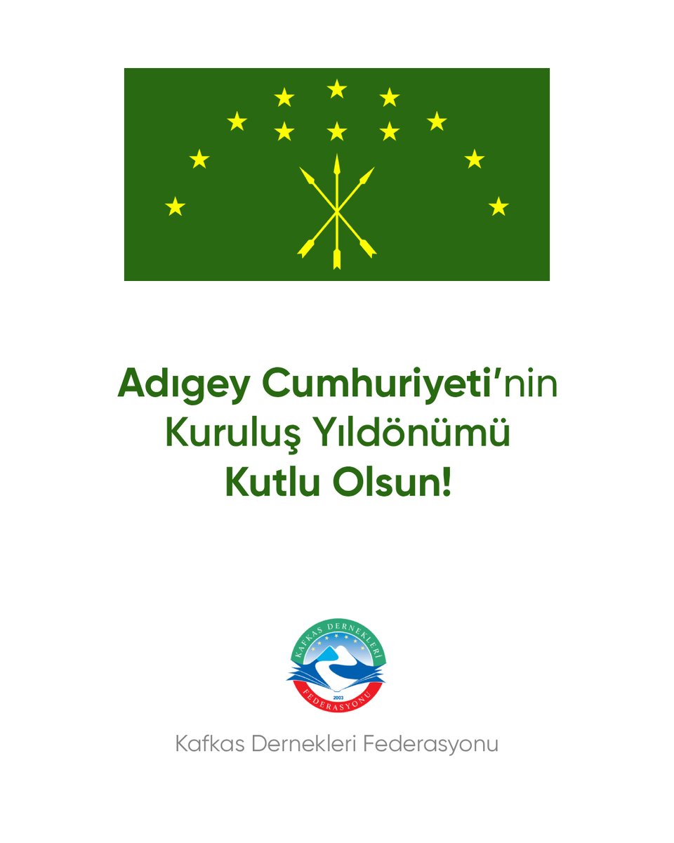 KAFFED's tweet photo. Çarlık Rusyası'nın yıkılmasından sonra 27 Temmuz 1922'de Kuban Karadeniz Eyaleti içinde "Çerkes (Adıge) Özerk Bölgesi" kuruldu. Özerk bölgenin ismi bir ay sonra "Adıge (Çerkes) Özerk Bölgesi" ve 1928'de "Adıge Özerk Bölgesi" olarak değiştirildi. Adıge Özerk Bölgesi, 1937'de kurulan Krasnodar Eyaleti'ne bağlandı.

3 Temmuz 1991'de Adıge Özerk Bölgesi '' Cumhuriyet" statüsüne çıkarılarak 5 Ekim tarihinde Adıgey Cumhuriyeti kuruldu. 5 Ocak 1992'de Aslan Carım Adıgey Cumhuriyeti'nin ilk Cumhurbaşkanı olarak seçildi.

Adıge kültürü, kimliği ve dilinin Anayurt'ta sonsuza dek yaşayacağına inanıyor, diaspora ve anayurt ilişkilerinin daha sonraki yıllarda da artarak gelişmesini diliyoruz.