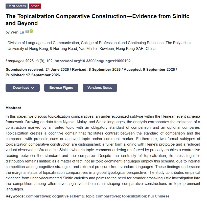 Languages_MDPI's tweet photo. 🔎“How do cognitive schemas shape comparative constructions in topic-prominent languages?”
📑 The Topicalization Comparative Construction—Evidence from Sinitic and Beyond
👤Author: Wen Lu
🔗https://t.co/RMNPU0hOqB
#LanguagesMDPI #Comparatives #Topicalization #Sinitic https://t.co/1H3NXgCObn