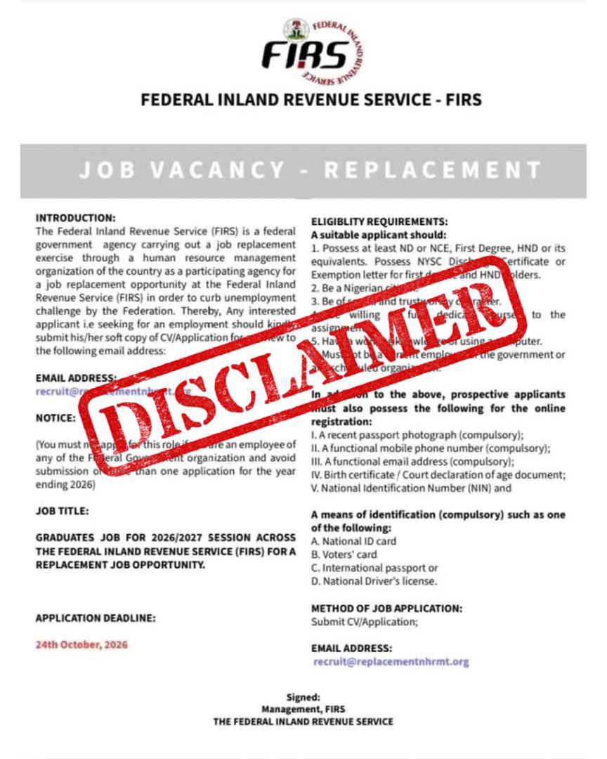NigeriaRevenue's tweet photo. 🚨 PUBLIC NOTICE: FRAUDULENT RECRUITMENT NOTICE

The NRS has been alerted to a fraudulent recruitment notice circulating online and purporting to advertise employment opportunities within the Service.

The notice did not originate from the NRS, and no such recruitment exercise has been authorised or commenced by the Service.

Members of the public are advised to disregard the notice and exercise caution when responding to recruitment-related messages or links.

👇🏿 See the attached full notice below for further guidance and attached disclaimer.