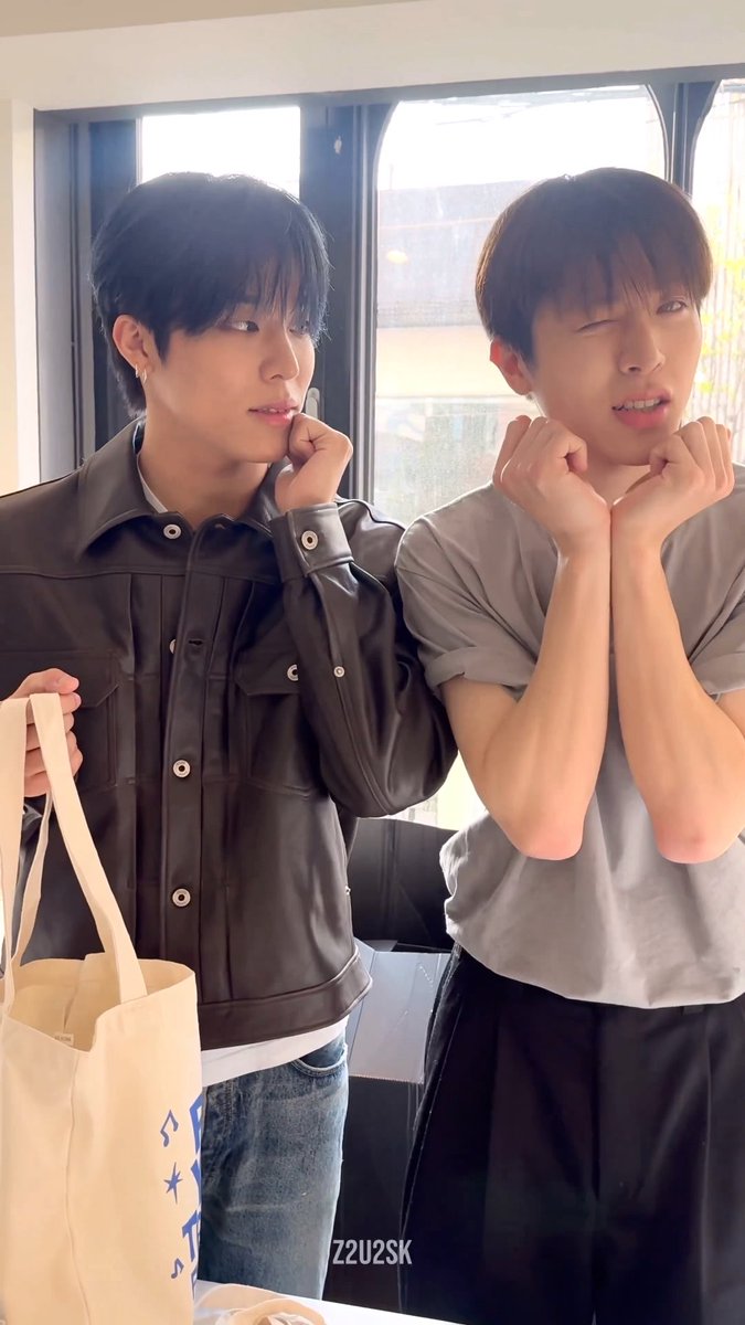 Two young men pose side by side indoors, one in a brown leather jacket resting his chin on his fist, the other in a gray t-shirt winking and making a cute gesture with both hands near his face.