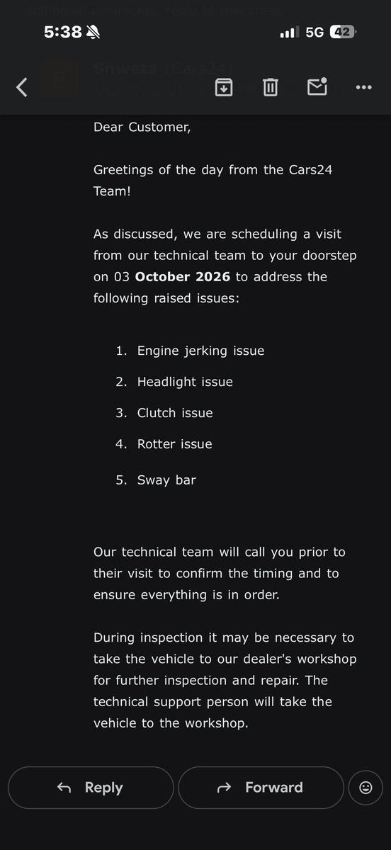 _rumaan_7's tweet photo. @cars24india Multiple inspections and repairs, yet my car still has unresolved issues. Your team knew the warranty/odometer situation and asked me to proceed. Inspection done 3 Oct, no response. I’m in Hyderabad. Please escalate urgently or I’ll pursue legal action #cars24 review https://t.co/IG4u4pIHcF
