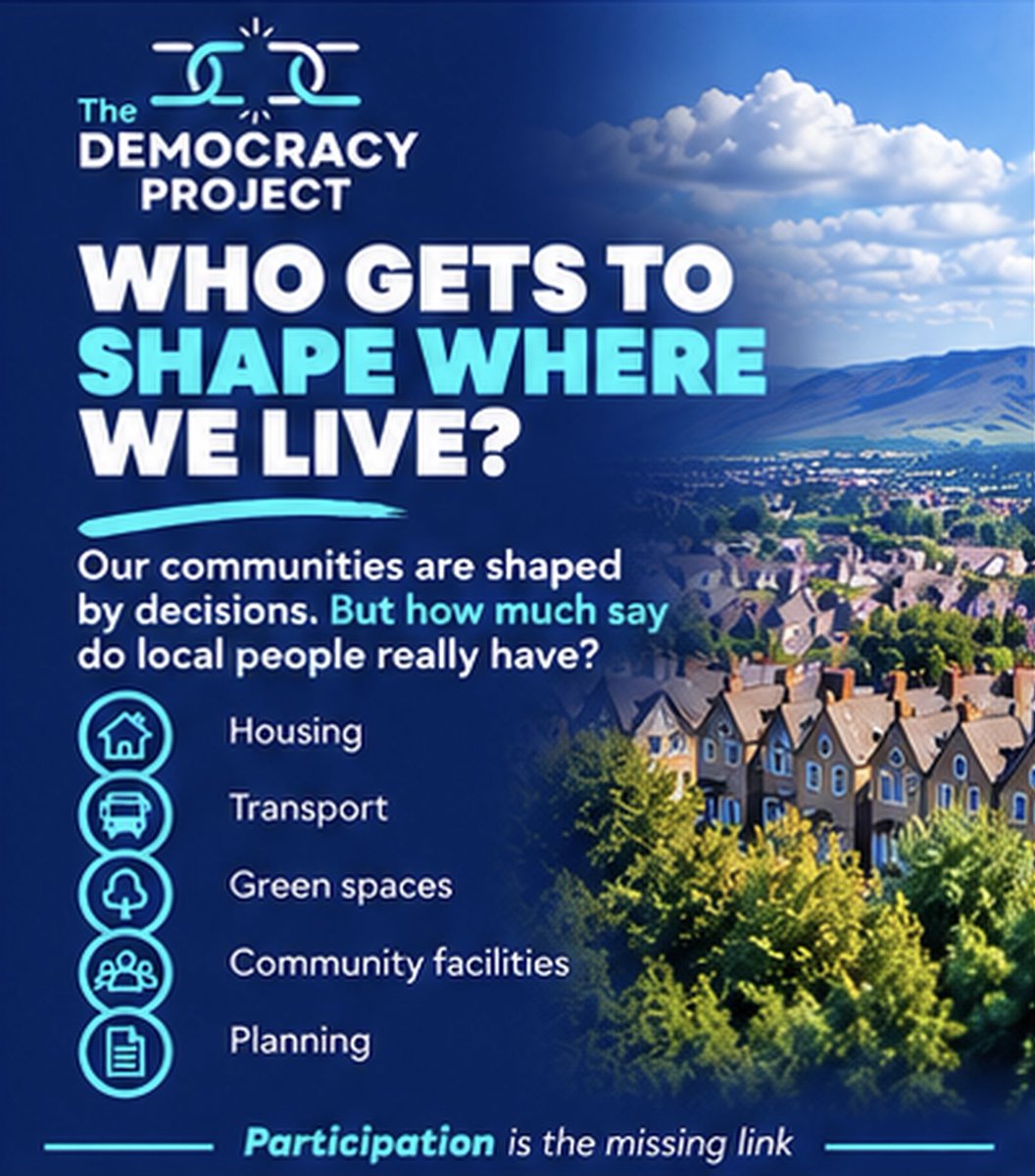 DemocracyProj_'s tweet photo. 🏘️ Places are shaped by decisions.
🏡Housing
🛣️ Roads
🚌Transport
🌳 Green space
👥 Community facilities
On #WorldHabitatDay we’re asking:
If you could change ONE thing about where you live, what would it be?
#TheDemocracyProject #LocalDemocracy https://t.co/pXKD5CtEaS