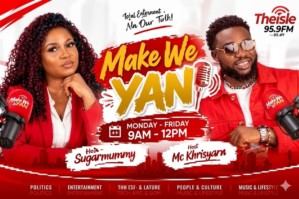 sugarmummyof's tweet photo. #MakeWeYan goes live today on @Theisle959 from 9Am_12Pm with @sugarmummyof and @khrisyarn . Whatsapp 0912 915 6561 to request for the song you like and speak your mind. https://t.co/mDn6wvCIbn