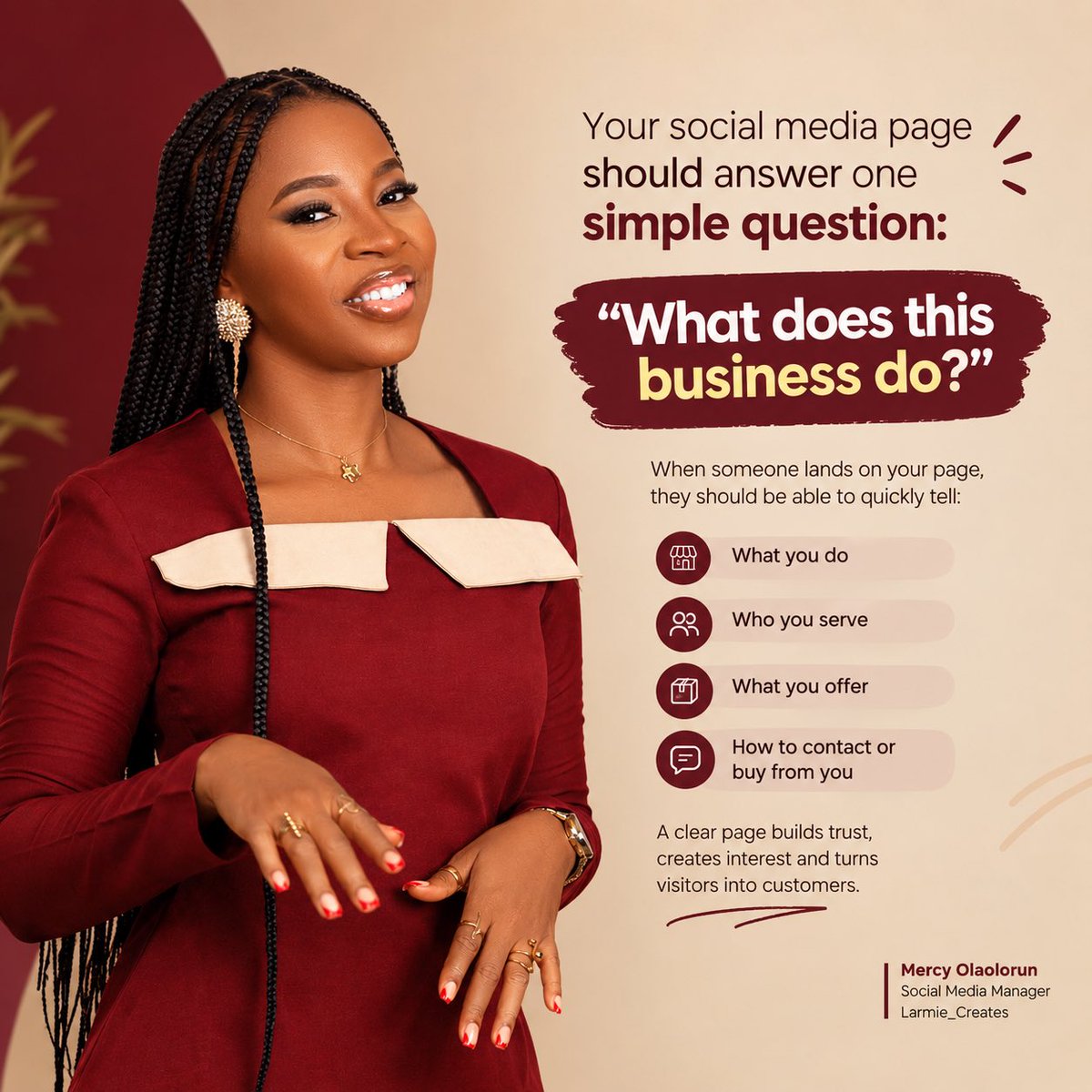 Larmie107's tweet photo. Your social media page should not make people guess what your business does.

In a few seconds, they should know:

What you do.
Who you serve.
What you offer.
How to reach you.

Clarity is part of your strategy.

#SocialMediaManager https://t.co/wM5GdUybtA