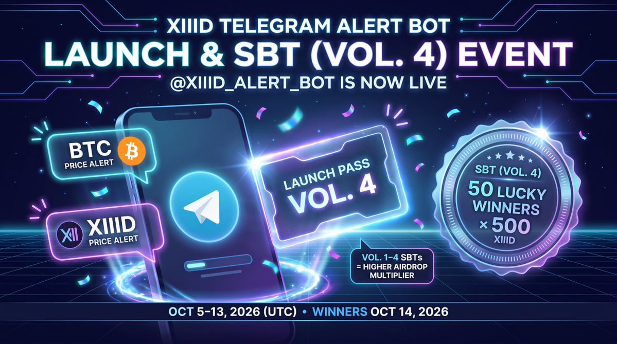 xiiid_official's tweet photo. 🤖 XIIID Telegram Alert Bot Launch & SBT (Vol. 4) Event 🚀

The official XIIID Alert Bot (@XIIID_Alert_Bot) is now live

⚡ ALERT BOT FEATURES
• Real-time XIIID & BTC price alerts
• Daily market news & ecosystem updates

🎟️ SBT STACKING MECHANISM
• Hold multiple Launch Pass SBTs (Vol. 1–4) to stack your Airdrop Multiplier.
• More SBTs held = Higher rewards!

🎁 Rewards
• SBT (Vol. 4) for eligible participants
• Lucky Draw: 50 Winners × 500 XIIID

📋 How to Participate
✅ Follow @xiiid_official + Like & RT & Comment this post
✅ Get your verification code via @XIIID_TG_Verify_bot.
✅ Join the XIIID Telegram Community
✅ Stay active in Telegram chat
✅ Submit the participation form 
👉 https://t.co/o821q98cqb

💬 Telegram Activity Rules
• 10+ characters per message (excluding emojis)
• Minimum 10 valid messages/day for 5+ days
• 120-second cooldown between counted messages

⚠️ Important
• X account: 1+ month old with 10+ followers
• XClass account connected to XWallet (SMS verified)
• Bots, Sybil activity, duplicate/multi-accounts, spam, and artificial engagement will be excluded
• Rewards go only to the XWallet address linked to the XClass account you submitted in the form.

📅 Event: Oct 5– Oct 13, 2026 (UTC)
📢 Winners Announcement: Oct 14, 2026

#XIIID #XCLASS #SBT #Telegram #AI #Web3 #Solana