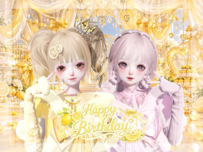 Two stylized digital art characters with large eyes in pastel yellow and pink outfits posing together against an ornate yellow background with 'Happy Birthday' written in decorative script.