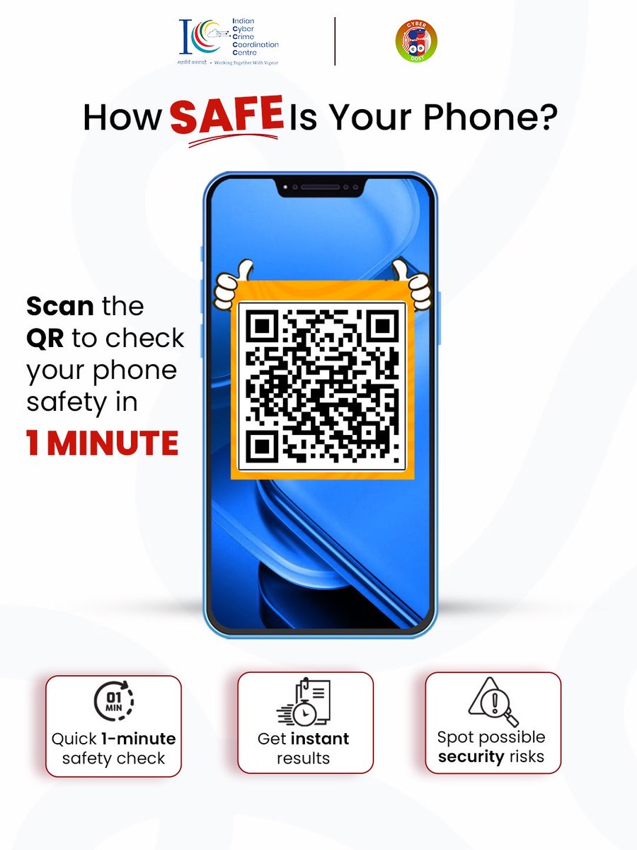 Cyberdost's tweet photo. आपका Phone सुरक्षित दिखता है, लेकिन क्या वह सच में सुरक्षित है?

QR Code Scan करें, अपने Phone की security check करें और instant results पाएं - सिर्फ़ 1 minute में

#CyberDost #CyberCrime #PhoneSafety #ScamAlert #CyberAwareness @mygovindia @_DigitalIndia @iamRashmika https://t.co/yVtfvWpCpz