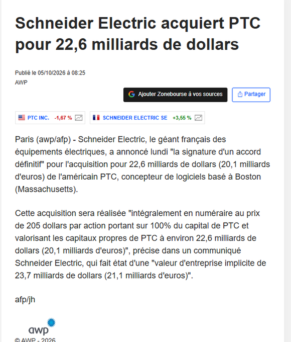 A French news article from AWP titled 'Schneider Electric acquiert PTC pour 22,6 milliards de dollars', dated 05/10/2026, reporting on the acquisition of PTC INC. by Schneider Electric SE.
