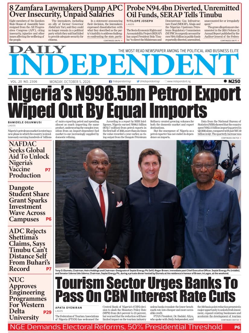 IndependentNGR's tweet photo. Just published: front page of Daily Independent Newspaper for today, 05 October 2026 https://t.co/jGAeOvSmMJ