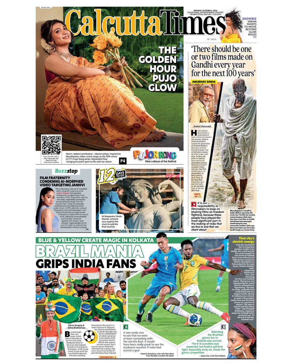 Calcutta_Times's tweet photo. Today's P1: Warm, radiant and festive, vibrant yellow, inspired by Skandamata, takes centre stage as the fifth colour of CT’s Pujor Rong series; Anubhav Sinha says India should make more films on Mahatma Gandhi, and more 
#CalcutaTimes #brazilvsindia #DurgaPuja #kolkata https://t.co/nesT58smaj