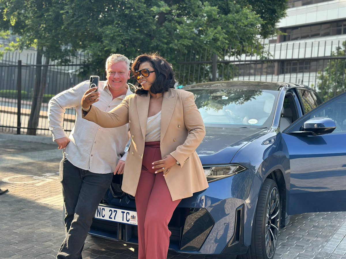 Anele's tweet photo. We are driving to Durban sana and @FrankieFire is lost already!!!! Why am I facing Limpopo 

We are in the brand new BMW iX3 

805ks from a single charge! 

Journey with us. 

Tune in we are live from the road 

#Aneleandtheclubon947 https://t.co/fqdTsK5ayA