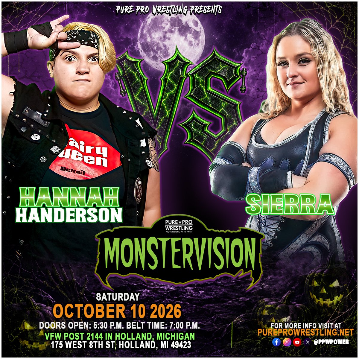 PPWPower's tweet photo. THIS SATURDAY!

PPW returns to @VFW2144 in Holland, MI for #PPWMonsterVision, and this card is looking like a Halloween nightmare.

Plus, kids’ costume contest, ringside trick-or-treating and PPW’s finest in action all night.

Tickets are LOW! 👹

🎟️ https://t.co/AopDCEo6mu https://t.co/ZR78qW5U0d