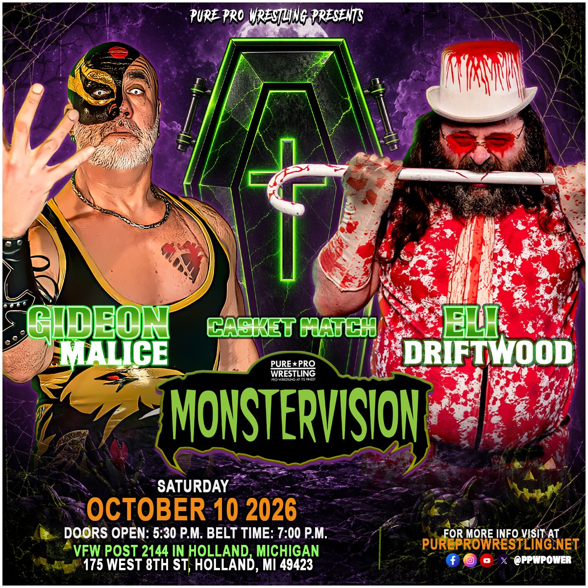 PPWPower's tweet photo. THIS SATURDAY!

PPW returns to @VFW2144 in Holland, MI for #PPWMonsterVision, and this card is looking like a Halloween nightmare.

Plus, kids’ costume contest, ringside trick-or-treating and PPW’s finest in action all night.

Tickets are LOW! 👹

🎟️ https://t.co/AopDCEo6mu https://t.co/ZR78qW5U0d