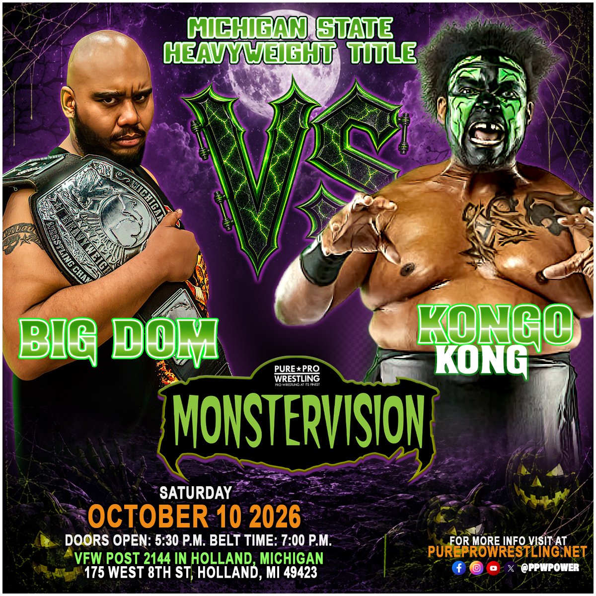 PPWPower's tweet photo. THIS SATURDAY!

PPW returns to @VFW2144 in Holland, MI for #PPWMonsterVision, and this card is looking like a Halloween nightmare.

Plus, kids’ costume contest, ringside trick-or-treating and PPW’s finest in action all night.

Tickets are LOW! 👹

🎟️ https://t.co/AopDCEo6mu https://t.co/ZR78qW5U0d