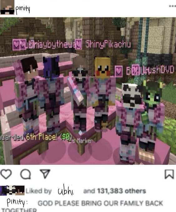 An Instagram post by 'pinrity' showing a Minecraft screenshot of pixelated characters with usernames 'MyBiniabytheway' and 'ShinyPikachu,' with a caption reading 'GOD PLEASE BRING OUR FAMILY BACK TOGETHER' and liked by 'wbh' among 131,383 others.