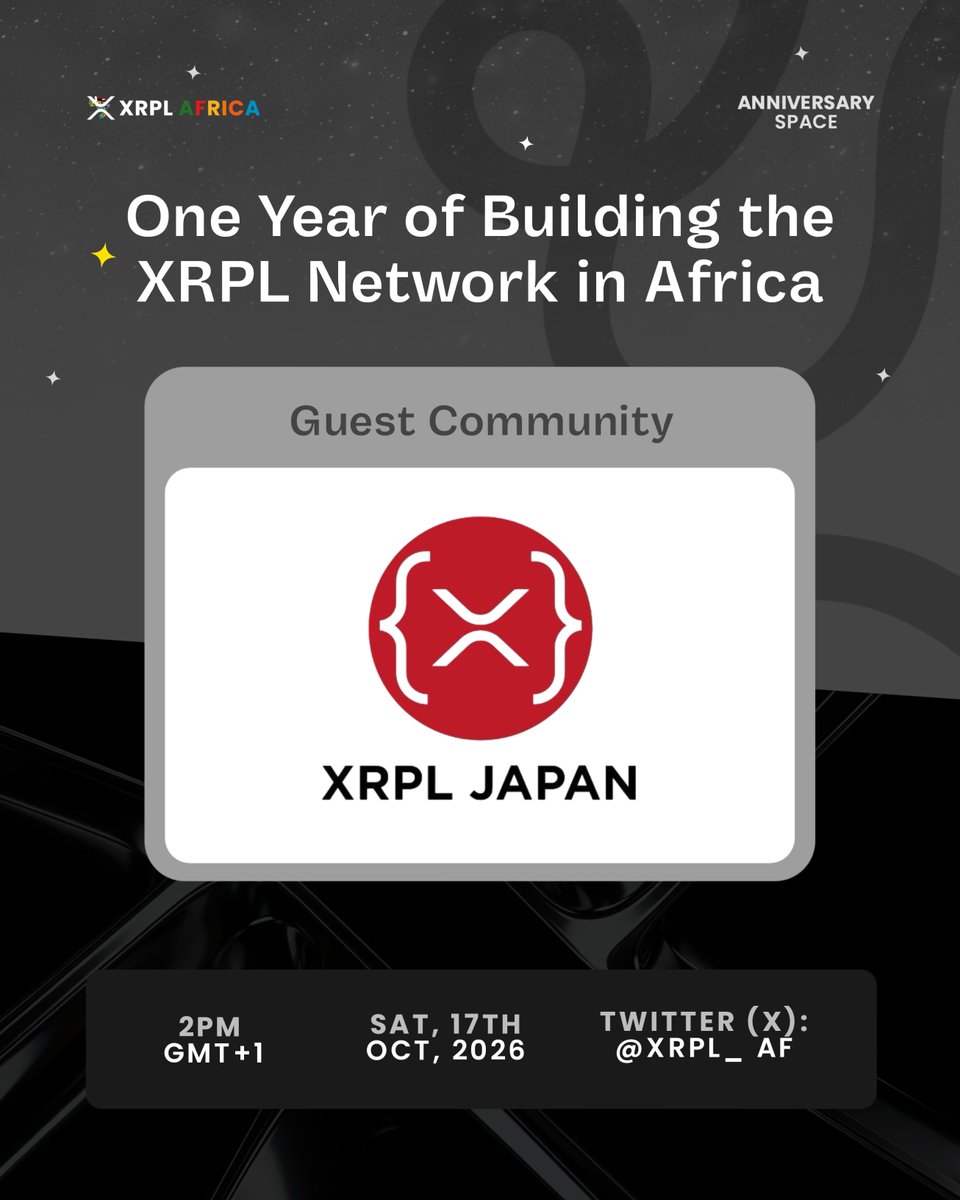 XRPL_AF's tweet photo. As we celebrate one year of XRPL Africa, we’re bringing together communities from across the world that are contributing to the growth, education and adoption of the XRPL ecosystem.

Today, we’re excited to introduce one of our guest communities:

🇯🇵 @XRPLJapan 
A community helping connect Japan’s growing XRP and XRPL ecosystem, bringing together enthusiasts, builders and ecosystem participants while creating more awareness around XRPL in Japan.

We are excited to have XRPL japan join us as we reflect on the past year , celebrate how far we have come , and look ahead what we can build together.

More guest communities coming soon.

📅 October 17
⏲️ 2:00pm

Set reminder: https://t.co/3HHewn3ojH