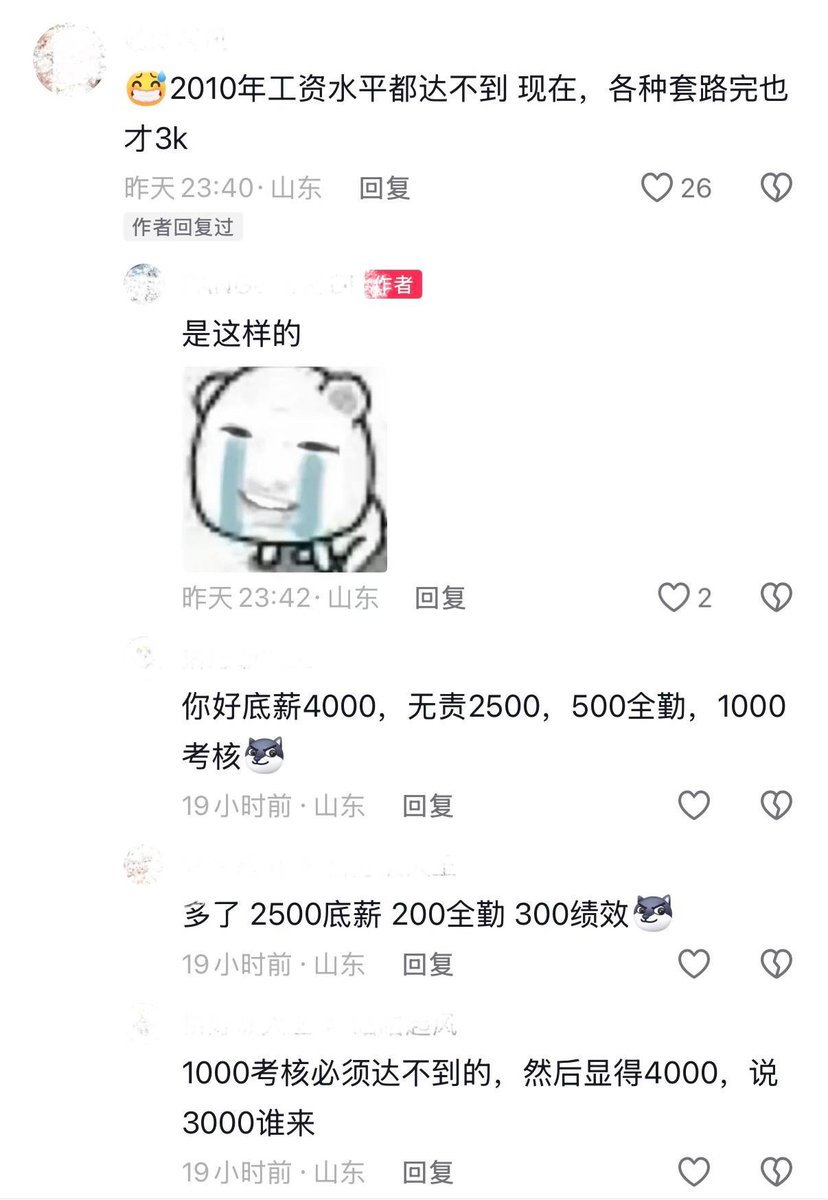 whyyoutouzhele's tweet photo. 10月4日，有网友晒出年鉴资料指出，2012年山东省月平均工资已达3570元。然而十四年过去，许多当地网民反映目前的实际工资水平仍停留在2000至3000元左右，感叹“工资水平还不如十年前”。  

评论区中，多名网民指责招聘中存在大量虚高标价与绩效拆分的“套路”。还有网民吐槽劳动权益倒退，称以前许多工厂尚实行三班倒制度，如今却普遍变成12小时两班倒，且休息时间毫无保障。