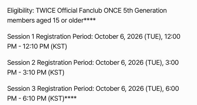 Text outlines registration details for TWICE Official Fanclub ONCE 5th Generation members aged 15 or older, listing three session registration periods on October 6, 2026, at 12:00 PM, 3:00 PM, and 6:00 PM KST.