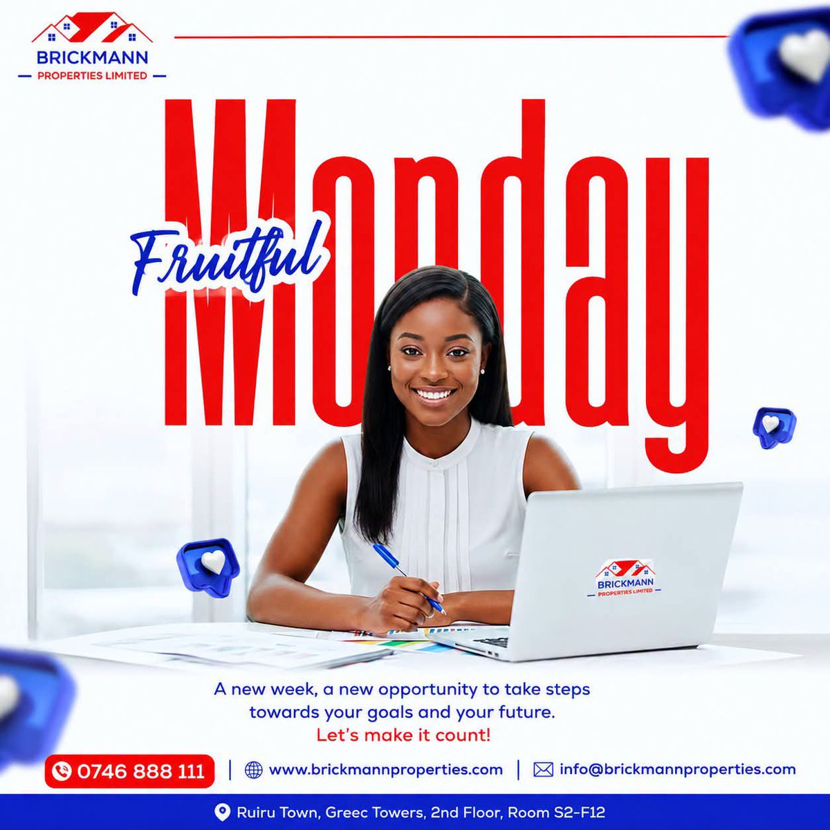 Harrywazza's tweet photo. A new week, a new opportunity to grow, take action, and move closer to your goals.

 Stay focused. Stay consistent. Keep building the future you desire.
 Your dream of owning land can start today.

📞 0721 558 399

 #BrickmannProperties #Customerserviceweek #Joskaplots #Ownland https://t.co/TPwGaw8kxy