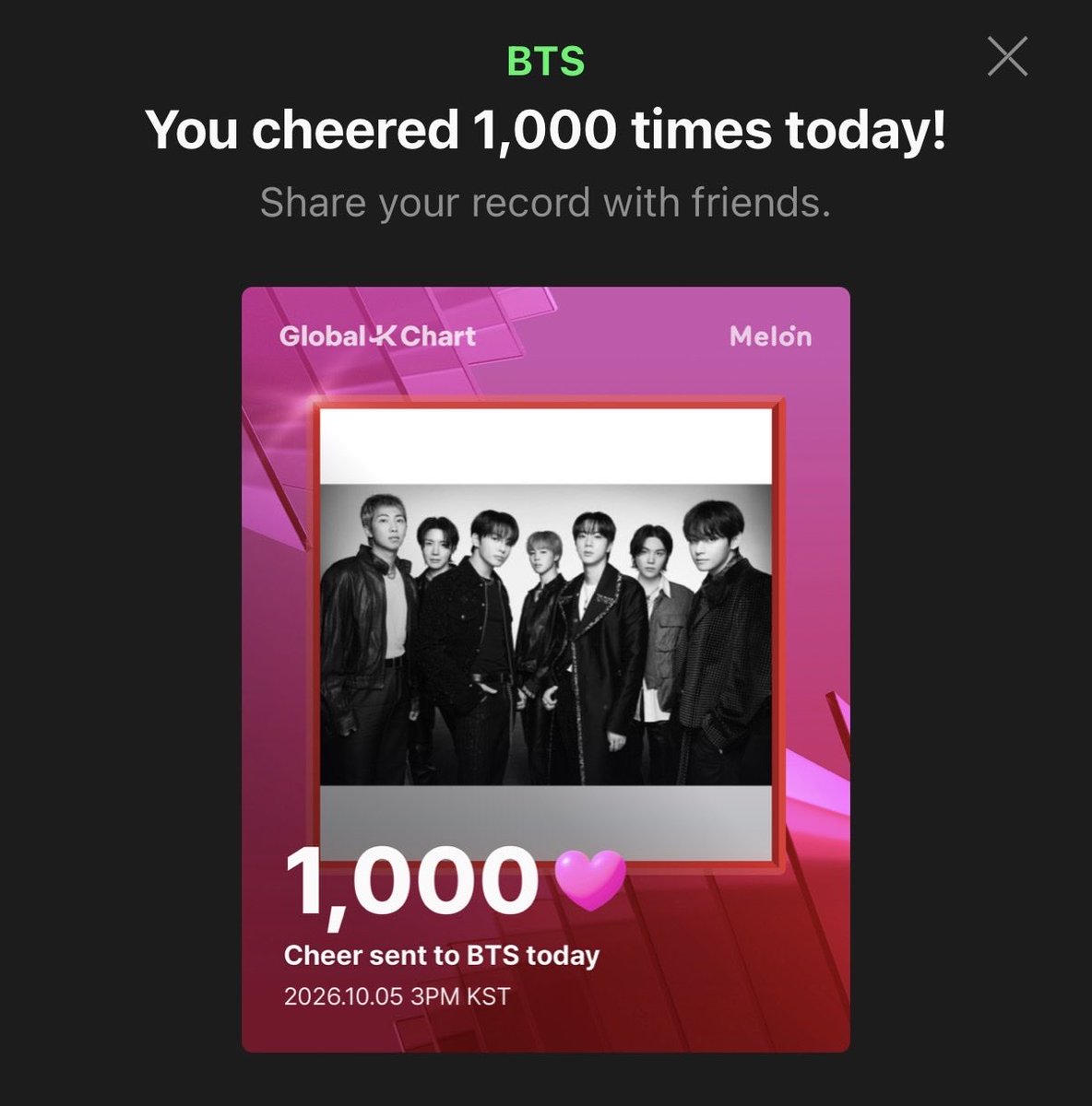 Chitch_BTSvj's tweet photo. [Global-K] I sent 1,000 cheer hearts to BTS today ❤️ Join me in cheer! #MelonGlobalTOP100 #GlobalKChart 

🗳https://t.co/AwLE8eoEuH https://t.co/brgYrmki81