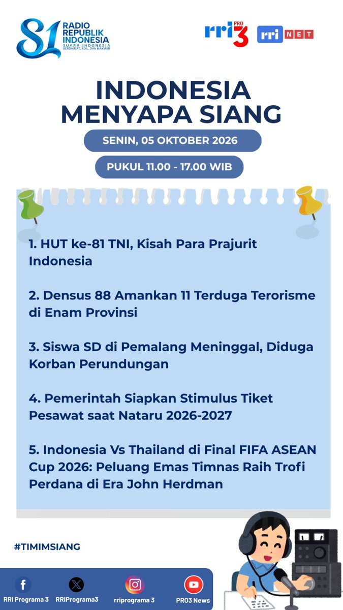 RRIPrograma3's tweet photo. Selamat siang pendengar, berikut topik Indonesia Menyapa Siang, Senin, 5 Oktober 2026, pukul 11.00 - 17.00 WIB.  

Anda bisa bergabung bersama kami di X @RRIPrograma3, melalui Whatsapp 081399399888 &amp; Tel. 021-3844545 /021-3866712 /021-3862375 /021-3523172  

#IMS #PRO3RRI
-sfz- https://t.co/nH4KD7CtBF