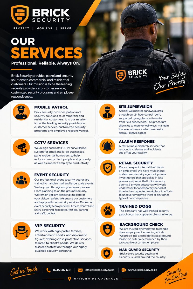 BrickSecurity's tweet photo. 🛡️ Your safety. Our priority.
Brick Security delivers reliable, professional protection tailored to your needs.
#BrickSecurity #SecurityYouCanTrust #SecurityServices #KenyaSecurity #CCTV #AlarmResponse #SecurityGuards https://t.co/uuzEbZko2S
