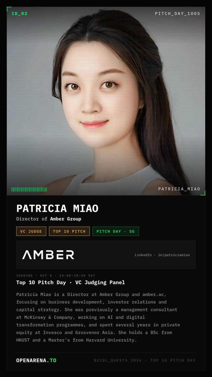 OpenArena_To's tweet photo. Meet @_patriciamiao — VC judge, Top 10 Pitch.

Director at @ambergroup_io and @amber_ac_. Closed door, invite only.

Oct 5 · 14:00–18:50 SGT

Open seats are Oct 6 ↓
https://t.co/iz2RgLByJh
https://t.co/HETB0CkPzm https://t.co/kwJ45bAtX4