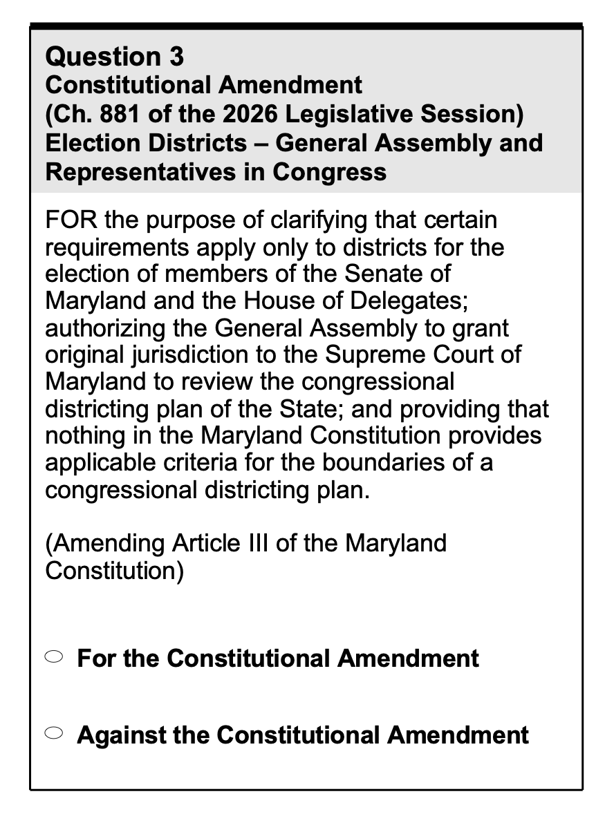 MDGOP's tweet photo. 🚨PSA: The wording of Question 3 on your ballot is very confusing. Simply put, a vote for Question 3 is a vote to remove constitutional protections and allow EXTREME partisan gerrymandering in Maryland.

Vote AGAINST Question 3 to STOP gerrymandering, defend our constitutional protections, and require fairer maps, districts, and representation.
#SaveOurVoice #StopGerrymandering #VoteAgainstQuestion3