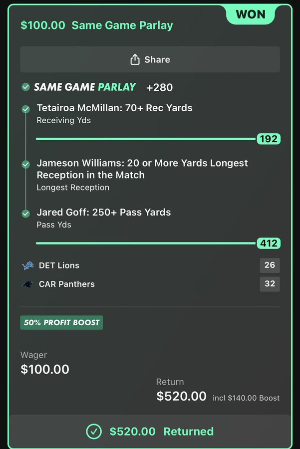 Marcusbenn41's tweet photo. Cash it the bet365 same game parlay ✅

Tetairoa McMillams ✅
Jameson Williams ✅
Jared Goff ✅

Best Parlays in Discord Link in Bio 🔥 
@Playbook
 #prizepicks #locks https://t.co/VU1Z4Errxl