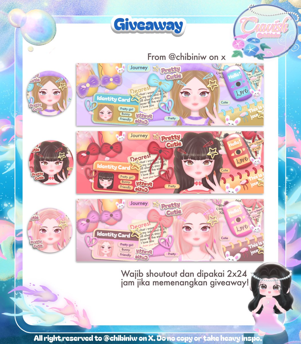 chibiniw's tweet photo. Any interactions are appreciated ♡

₊˚꒰🩵꒱‧ GIVEAWAY ‧₊ ᵎᵎ 🪼
Blublublub.. Aku ada giveaway 3 layout dibawah ini free buat 3 orang yang beruntung dalam rangka Cuwi baru terjun ke dunia chibi👋

Syaratnya : rt ini, follow akunku, dan juga rep mau yang mana yaa! Thankyou🩵 https://t.co/32tdUubHt5