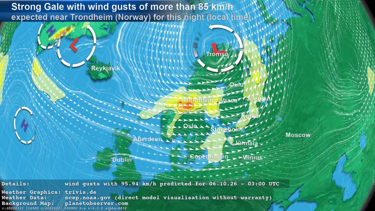 ASKMeteo's tweet photo. GFS data contains significant #weather #wetter of type "#StrongGale" with wind gusts of more than 85 km/h near #Trondheim (#Norway) for this night given in local time. The GFS forecast data predicts wind gusts with 95.9 km/h for 06.10.2026 - 03:00 UTC. https://t.co/HzFJE5dH69