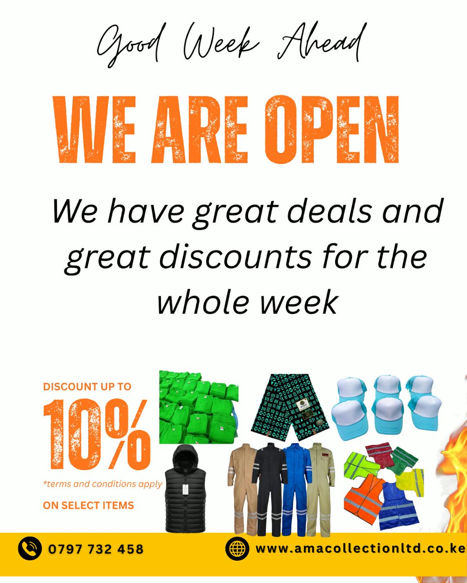 _amawear's tweet photo. Good Week Ahead! 🎉🔥
We’re OPEN and bringing you great deals all week long! 🛍️✨ Enjoy up to 10% OFF selected items and grab quality workwear, safety gear, and more at amazing prices.
📍 Visit us at AMA Collection
📞 0797 732 458
🌐 https://t.co/cIfdZNeWJN https://t.co/P5IprH98HW