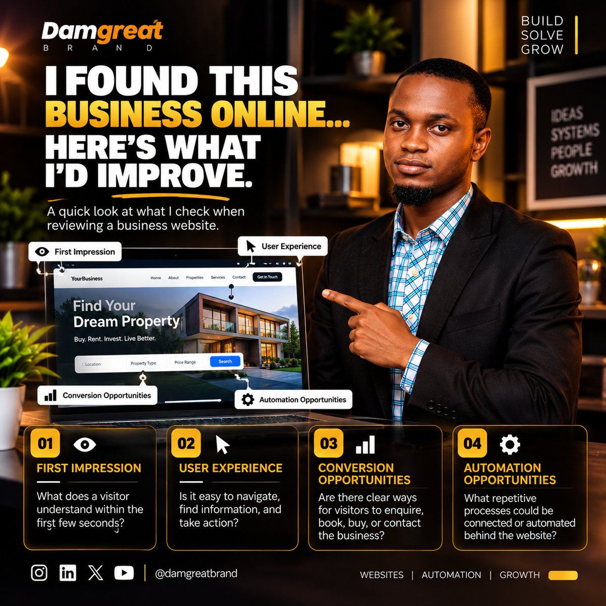 damgreatbrand's tweet photo. I found this business online… 👀

I don't just look at the design.

I check the UX, conversion opportunities &amp; automation potential.

I don't just see what a business has.
I see what it could become.
#PresidentTrump  #WebDevelopment #UXDesign #GlobalMarkets https://t.co/fnliLW1KJu