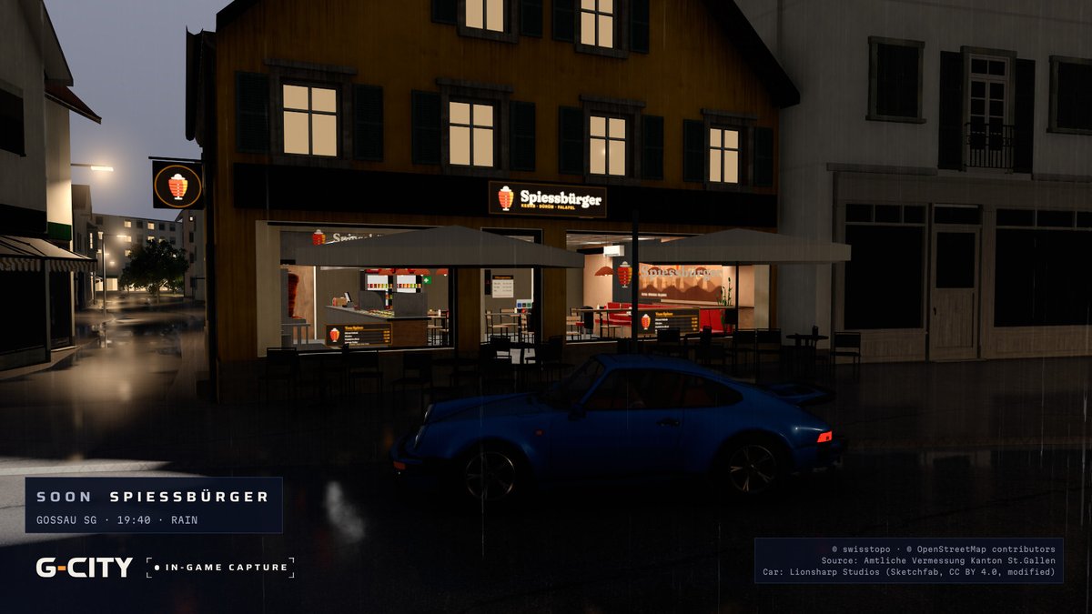 gcity_ch's tweet photo. 19:40, rain in Gossau SG. Time for a kebab.

Soon in G-CITY, the Spiessbürger, with the next update. Counter, spit and menu board show through the windows. You can't walk in yet. Waitlist via the link in our profile.

In-game capture · Ultra
#gamedev #indiegame https://t.co/9Xp5OSA7WP