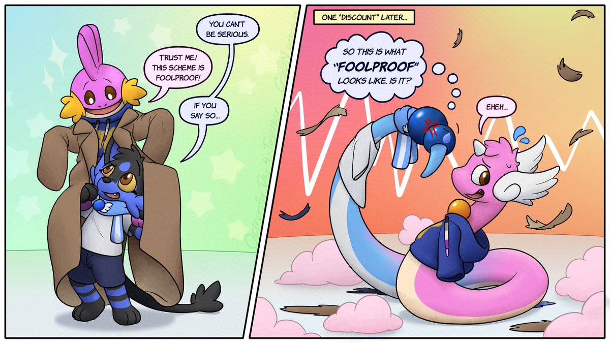 CrizBN's tweet photo. To be fair, my plan did manage to get us both in with just one ticket!

I just didn't expect we'd have to keep "sharing" tickets for the foreseeable future as a result…

(#Octransfur Day 4 - Together, a comm for @CurcedLitten. I probably should've known better, eheh~ >W<) https://t.co/welqEscdM9