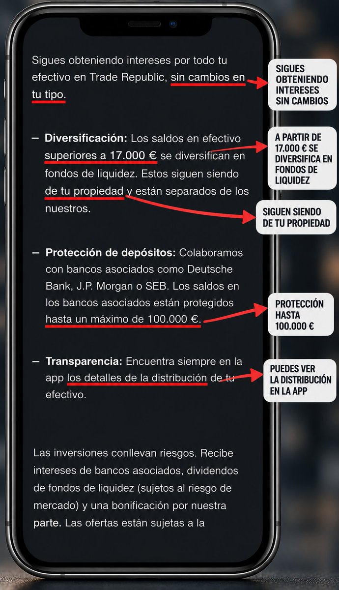 BalooTrompeta's tweet photo. 🚨💥 BOMBAZO EN TRADE REPUBLIC 💥🚨

ESTO ES LO QUE CAMBIA CON TU EFECTIVO EN LA CUENTA  REMUNERADA 👇

Trade Republic me ha enviado un correo actualizando sus condiciones y hay varios puntos importantes que conviene conocer.

Lo más relevante:

Sigues obteniendo intereses por todo tu efectivo, sin cambios en el tipo.

A partir de 17.000 €, los saldos en efectivo pueden diversificarse en fondos de liquidez.

OJO! 17.000 ⚠️

Según el correo, estos fondos siguen siendo de tu propiedad y están separados del patrimonio de Trade Republic.

Los saldos mantenidos en bancos asociados están protegidos hasta 100.000 €.

PROTEGIDOS: 100K ⚠️

Además, puedes consultar en la app cómo está distribuido tu efectivo.

Y hay un detalle que me parece especialmente importante:

Los fondos de liquidez están sujetos a riesgo de mercado.

EXISTE RIESGO ⚠️

Después de recibir este correo, entiendo perfectamente que haya dudas.

Pero personalmente, sigo confiando en Trade Republic.

No se trata de confiar a ciegas.

Se trata de leer, entender dónde está nuestro dinero y conocer qué protección y riesgos tiene.

Porque @traderepublic sigue demostrando que está en el TOP 👏🚀