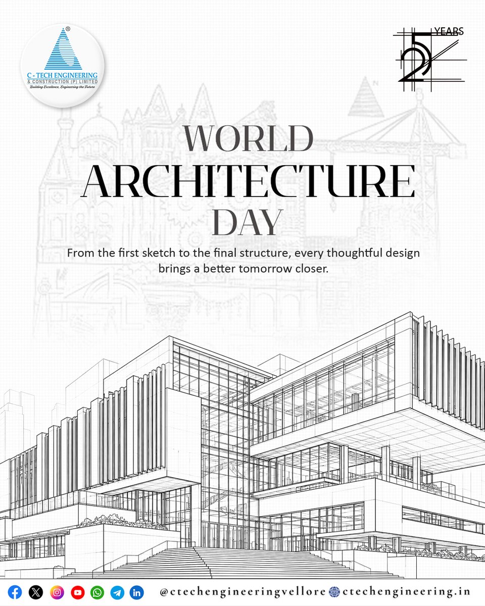 CtechEngVellore's tweet photo. Happy World Architecture Day!

From the first sketch to the final structure, thoughtful design shapes a better tomorrow.

C-Tech Engineering celebrates the architects who turn ideas into spaces that inspire.

#WorldArchitectureDay #Architecture #CTechEngineering https://t.co/qdAVThg4Fe