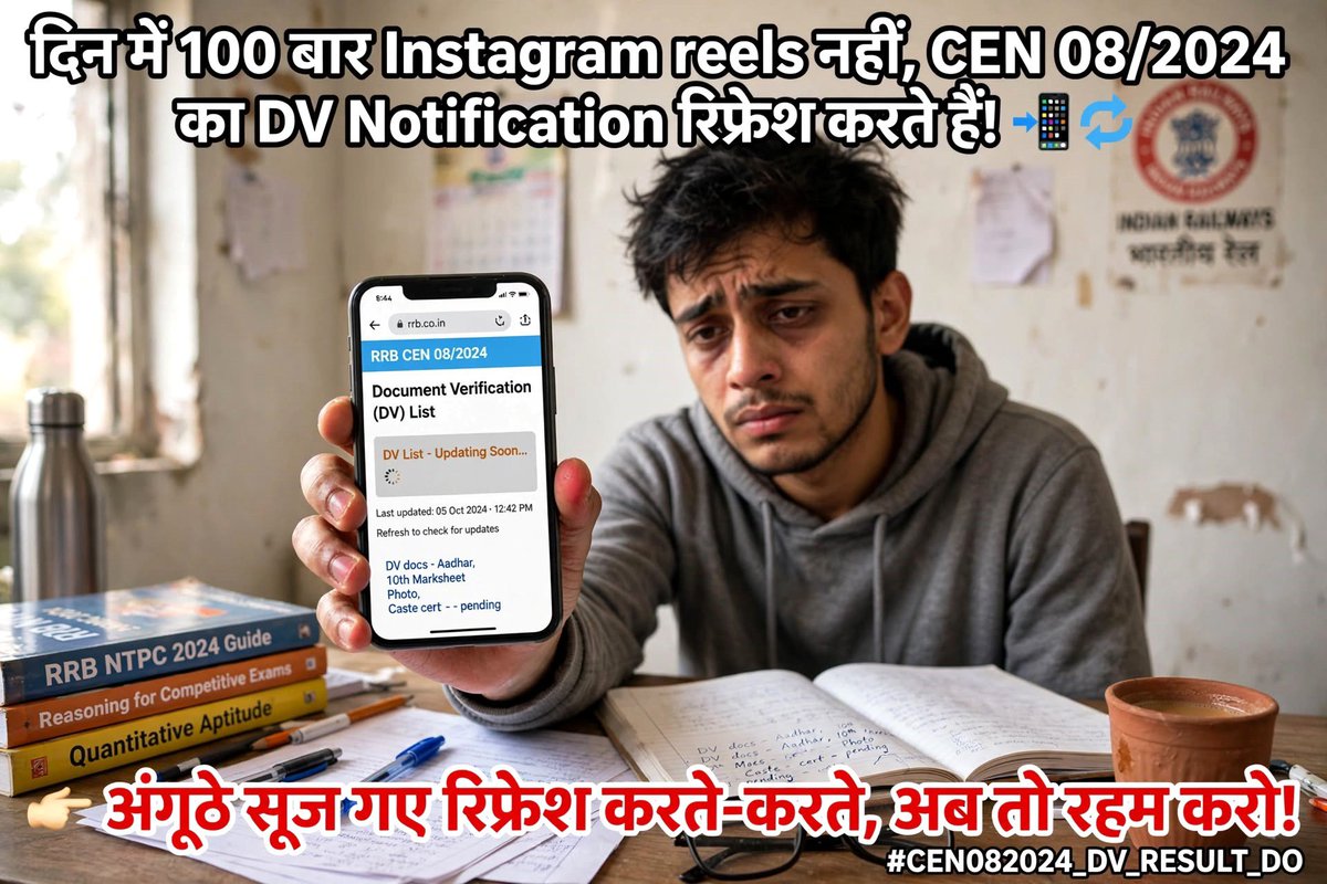 ArvindMarmat's tweet photo. thousands of hardworking PET Qualified &amp; CCAA candidates are awaiting their rightful next step. Kindly expedite the process and declare the CEN 08/2024 DV List immediately #CEN082024_DV_RESULT_DO @AshwiniVaishnaw @RailMinIndia 
@drmmumbaicr https://t.co/4EcmyQxqet