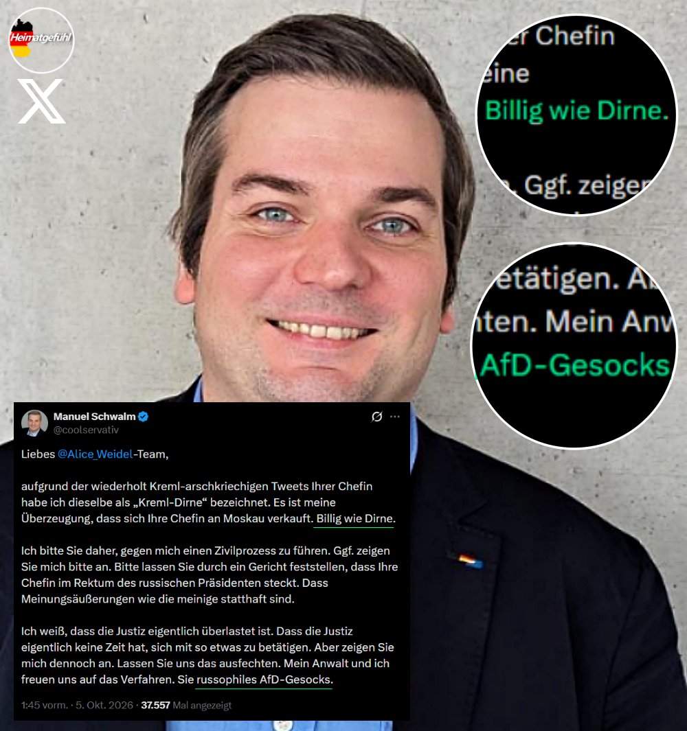 HeimatliebeDE's tweet photo. Jetzt dreht das Werbegesicht der CDU, Manuel Schwalm, komplett durch.

Statt zu reflektieren, dass die Beleidigung von Alice Weidel ein Fehler war, legt er jetzt noch einen nach. Schlecht, aber was soll man auch schon von einem CDU-ler erwarten. 😂

Er schreibt auf X, Weidel sei „billig wie eine Dirne“ und bezeichnet sie bzw. das Team von Weidel als „russophiles AfD-Gesocks“.

Der Shitstorm ist ihm wohl nicht gut bekommen.

Jemand, der sein Essverhalten scheinbar nicht unter Kontrolle hat, hat auch seine Emotionen nicht unter Kontrolle. Es ist ein Muster.
