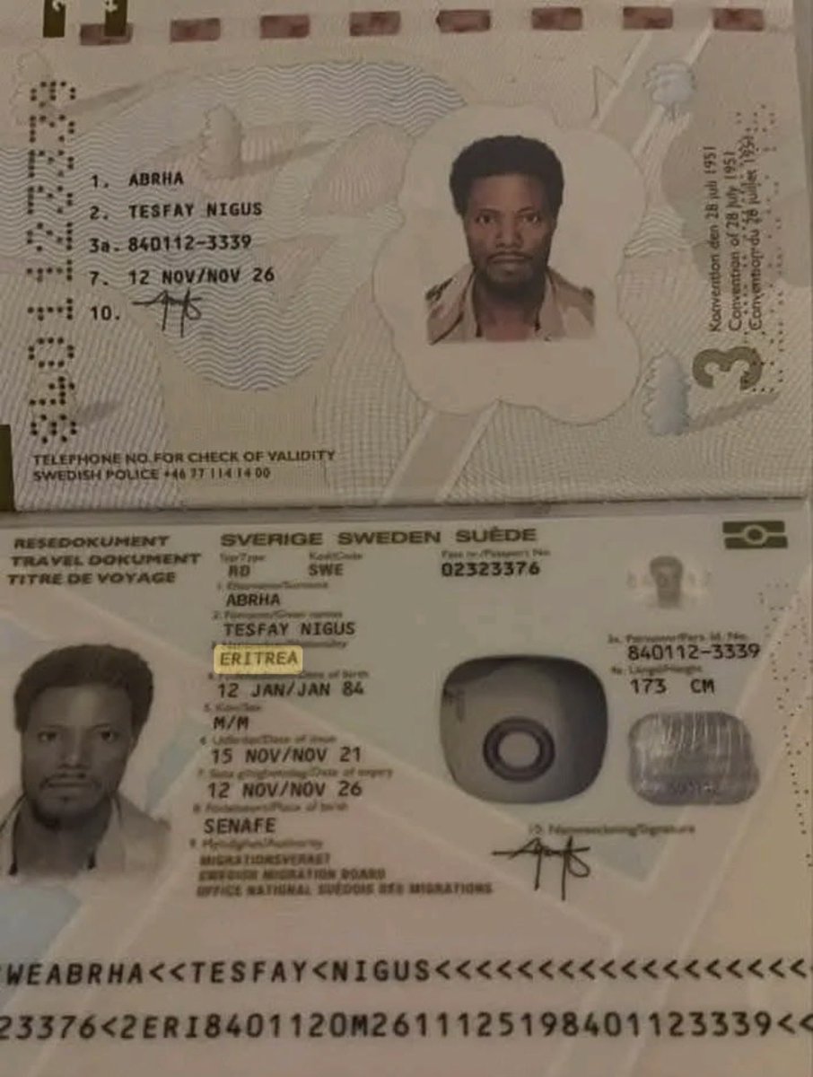 Dedebit67's tweet photo. INTEL 🔎🚨
Tesfay Nigus, a TPF leader, used a Swedish travel document claiming Eritrean birth in Senafe to obtain asylum in Europe.
He has now returned to Tigray and is fighting for the PP regime. Documents recovered by infiltration networks confirm the details. https://t.co/Y8EbYdAhAW